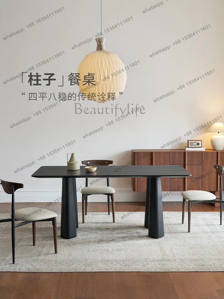Pillar dining table retro medieval solid wood restaurant rectangular designer black dining table