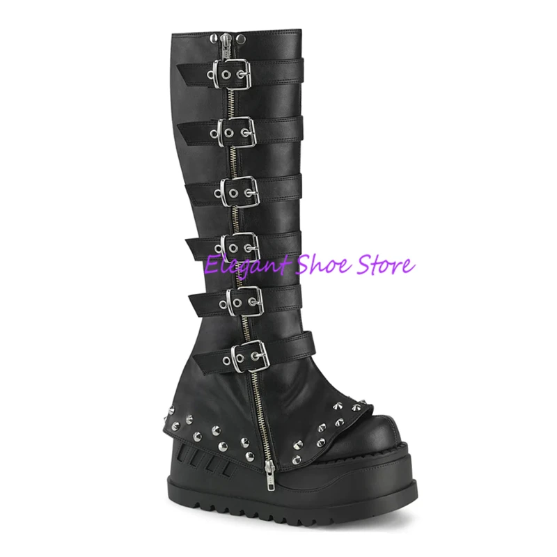 Black Platform Punk Combination Long Boots Rivets Metal Belt Buckle Thick Soled Knee High Booties Zipper Leggings Runway Shoes