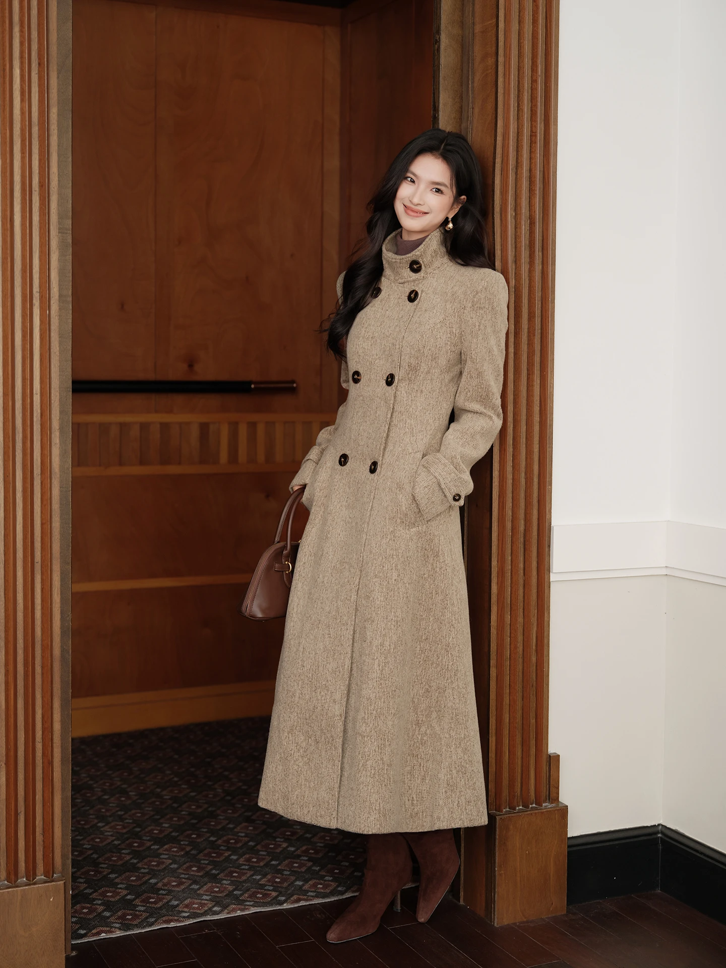 

FT GUOGE женское шерстяное пальто с воротником-стойкой, облегающее платье миди длины, осень-зима, новое пальто с завязкой на талии, модное