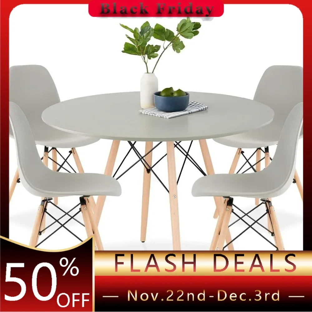 5-Piece Dining Set, Compact Mid-Century Modern Table & Chair Set for Home,Plastic Seats, Wooden Legs, Metal Frame - Gray/Oak