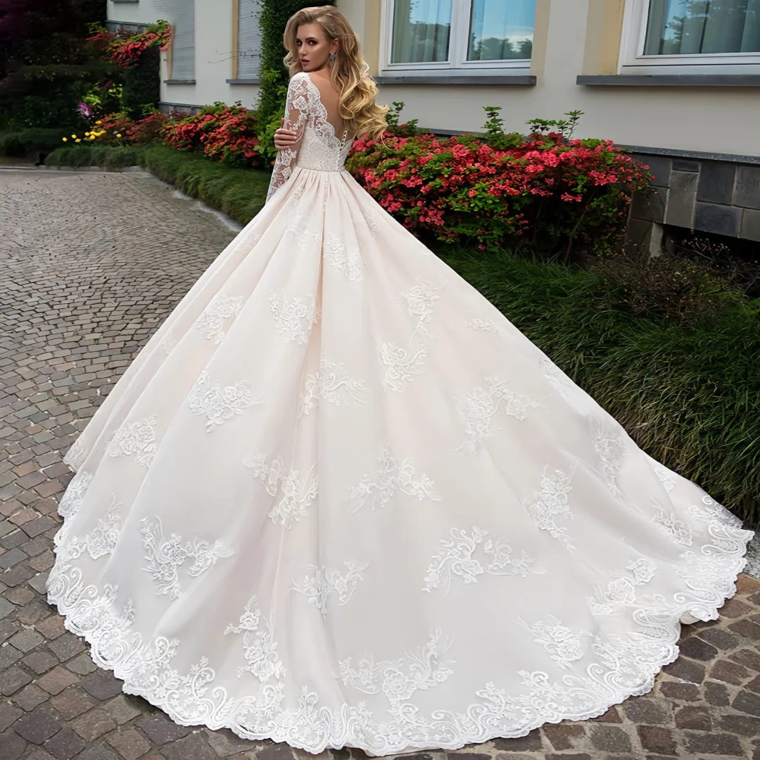 Customized Exquisite Wedding Party Dress Embroidered Lace On Net With Ball Gown Train O-neck Nude Full Sleeve Bride Gowns Button