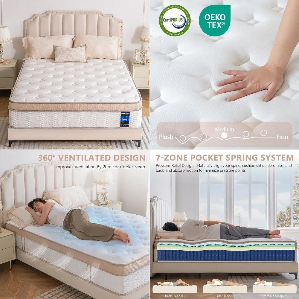 Mattress 14 Inch Medium Hybrid Cooling Breathable Memory Foam and Pocket Spring Bed, Pressure Relief, Zoned Support, Back Pain