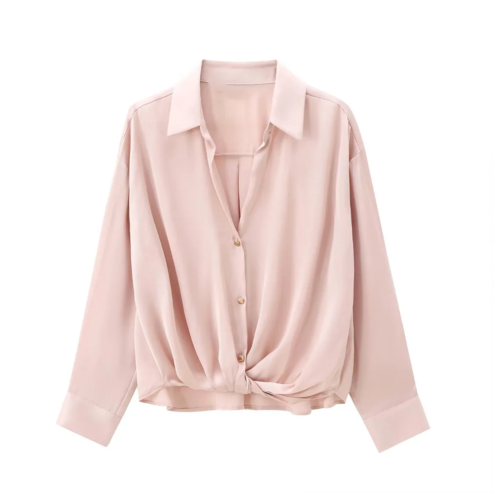 

ZBZA Women Satin Lace-up Shirt Lapel Single-breasted Long-sleeved Solid Commuter Pleated Loose Blouse Spring Summer New Chic Top