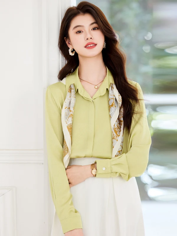 

Elegant Long Sleeve Shirt Women's Early Spring Korean Style Pure Color Ladylike Design Goddess Style Button up Blouse
