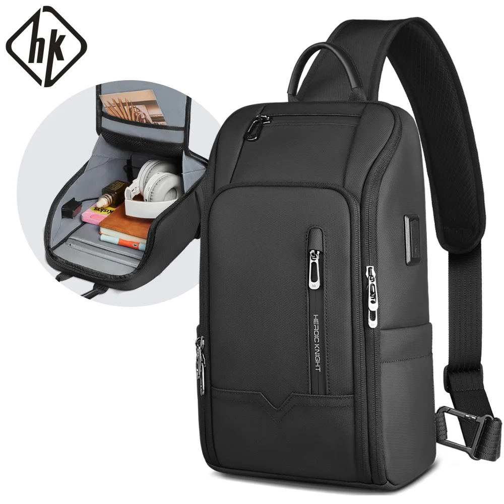 

HK Anti-theft Men's Shoulder Bag Waterproof Chest Crossbody Bag with USB Oxford Leisure Satchel Multi-Pockets Sling Bag for Male