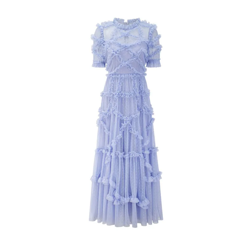 

VIBE Quality Vintage Summer Holiday Layers Ruffle Cake tulle Long Dress Women Blue Dots Elegant Party Evening Vestidos 2ssv4z