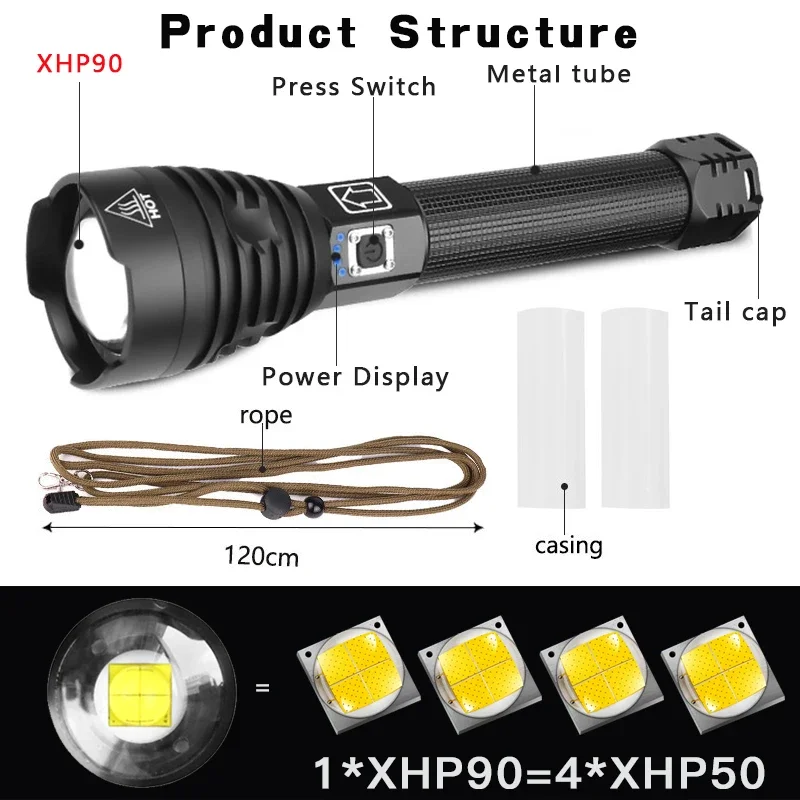 Most Powerful  XHP90 LED Flashlight  Tactical waterproof Torch 3 modes Zoomable Hunting camping lamps By 18650 or 26650