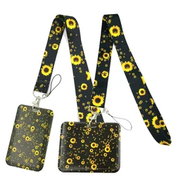Sunflowers Flowers Black Neck Keychain Necklace Webbings Ribbons Cartoon Neck Strap Lanyard ID badge Holder Keychain Lanyards
