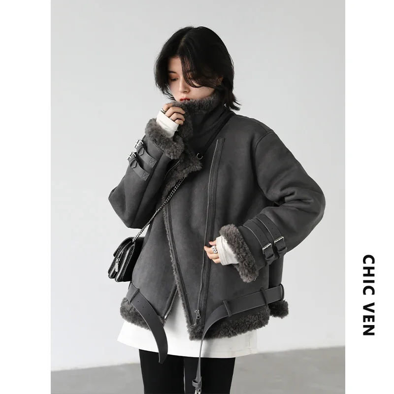 CHIC VEN Winter Coats Women Thickness Faux Suede Leather Jacket Street Retro Motorcycle Coat Thick Plush Warm Biker Women Femal