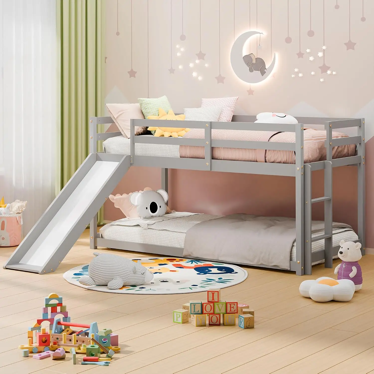 Low Bunk Bed with Slide, Twin Over Twin Bunk Bed, Solid Wood Bed Frame with Climbing Ladder & Safety Guard Rail,, Customized