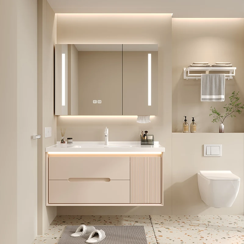 

Light Luxury Cream Bathroom Cabinet Combination Led Minimalist Ceramic Integrated Hand Wash Basin mobili per la casa Furniture