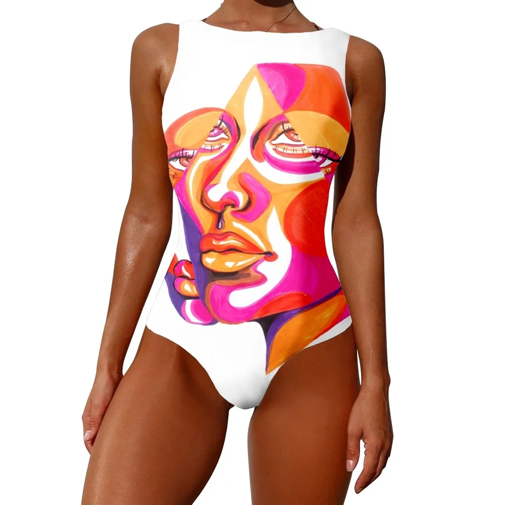 Sojinm maiô de uma peça feminina abstrato impresso monokini retalhos 2022 verão o pescoço sexy praia maiô 2xl