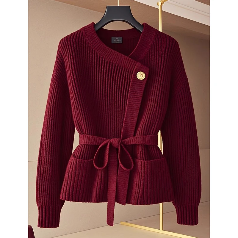 Ankora Red Cardigan Sweater Coat Women's 2025Winter Light Luxury All-match Fashion Knitwear Coat Female Long-sleeved Elegant Top