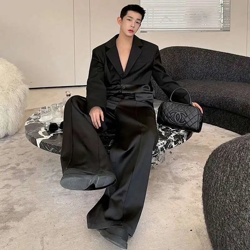 LUZHEN New Clothes High End Original Leather Splicing Design Blazer Coat Wide Leg Casual Pants Men Two Piece Sets 2025 LZ6198