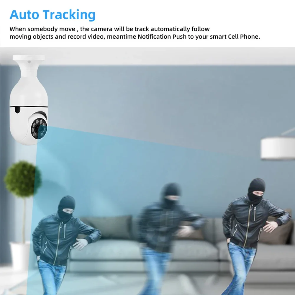 Indoor Video Surveillance Camera, Monitor do bebê, Home Security Protection, Full Color, Visão Noturna, Auto Tracking, Wi-Fi, Bulbo