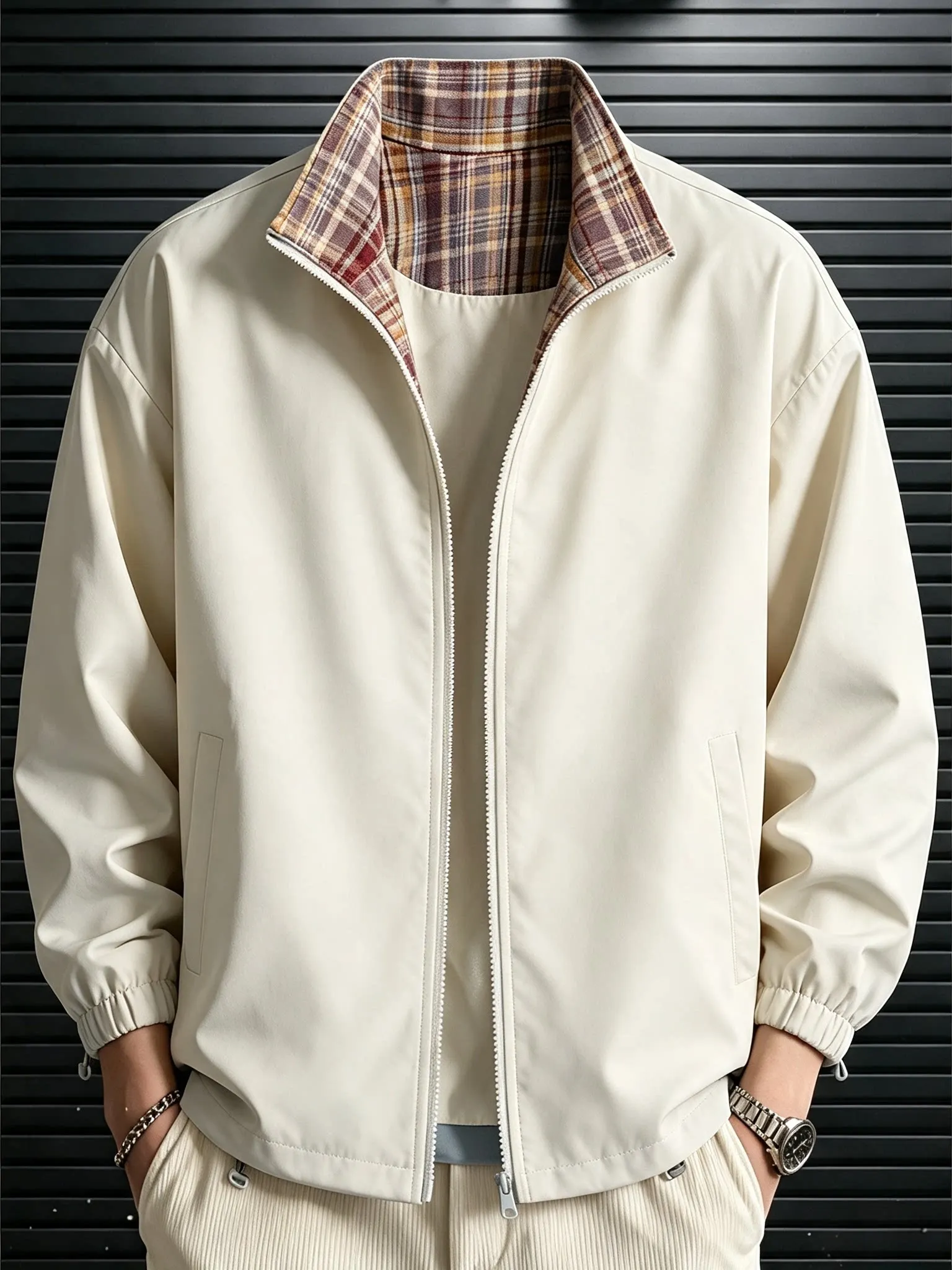 American Style Blue Plaid Splicing Stand Collar Flight Jacket Men's Short Autumn Sports Baseball Uniform High Sensation Trendy