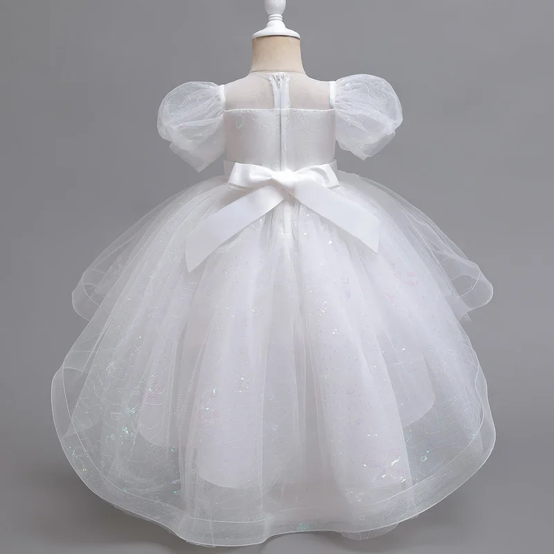 فستان سهرة بذيل سهرة للفتيات الصغيرات مع أكمام منتفخة شبكية لحفلات أعياد الميلاد فستان الأميرة للأطفال البنات