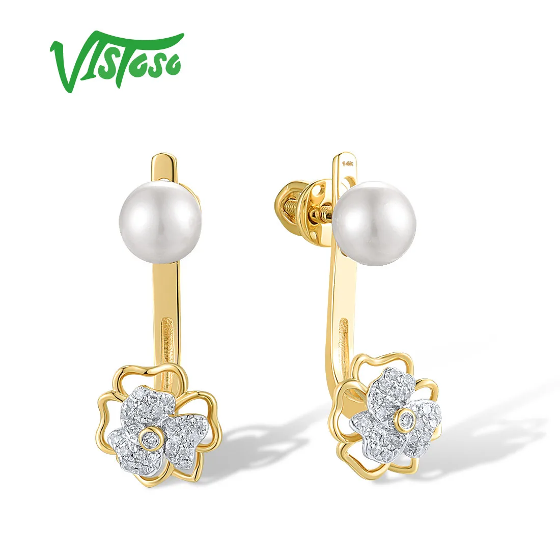 

VISTOSO Authentic 14K 585 Yellow Gold Stud Earrings For Women Sparkling Diamonds Fresh Water White Pearl Fancy Fine Jewelry