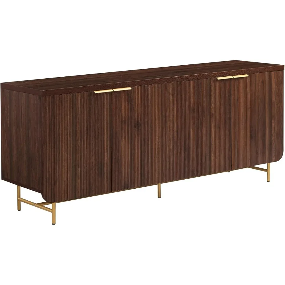 Lowen Contemporary Fluted-Door Sideboard, 69 Inch, Gold/Dark Walnut