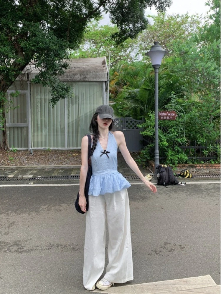 

Women's Summer 2025 New Style Wave Point Flower Bud Hanging Neck Top Wide Leg Pants Sweet Playful Fashion Two Piece Set