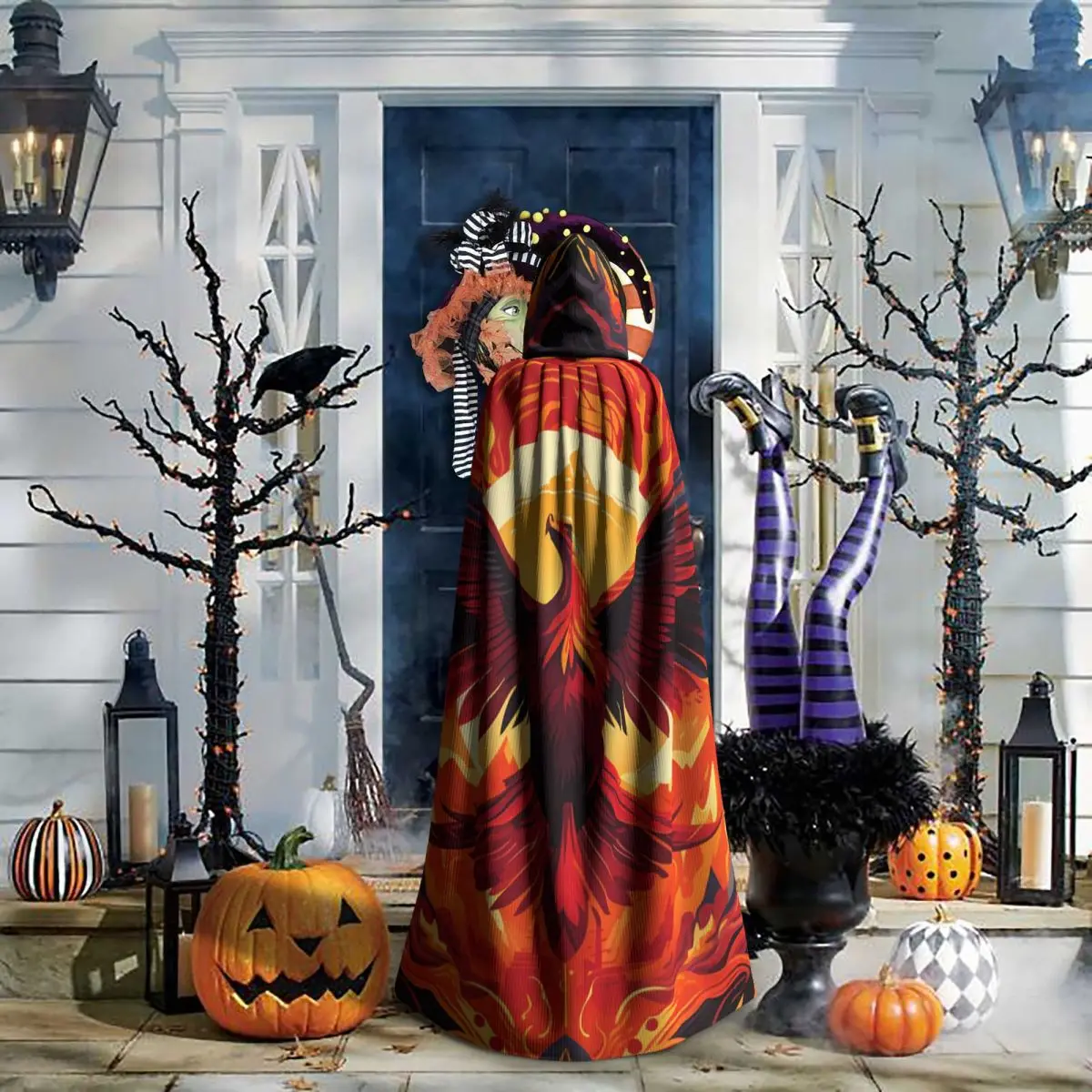 フェニックス 神話上の鳥 火の翼を持つ 長いフード付きマント 魔女 中世の衣装 コスプレケープ ハロウィンヴァンパイア 大人用 ユニセックス