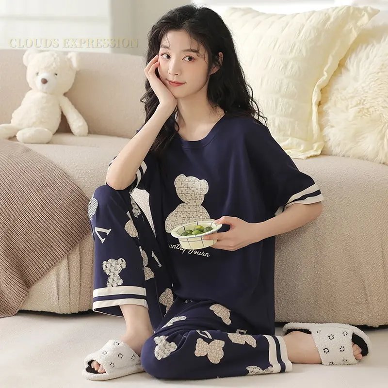 Big 5XL Pajama Sets Short Sleeved Cartoon Bear Knitted Cotton Plaid Sleepwear Elegant Women\'s Pajamas Lounge Home Pijama Mujer