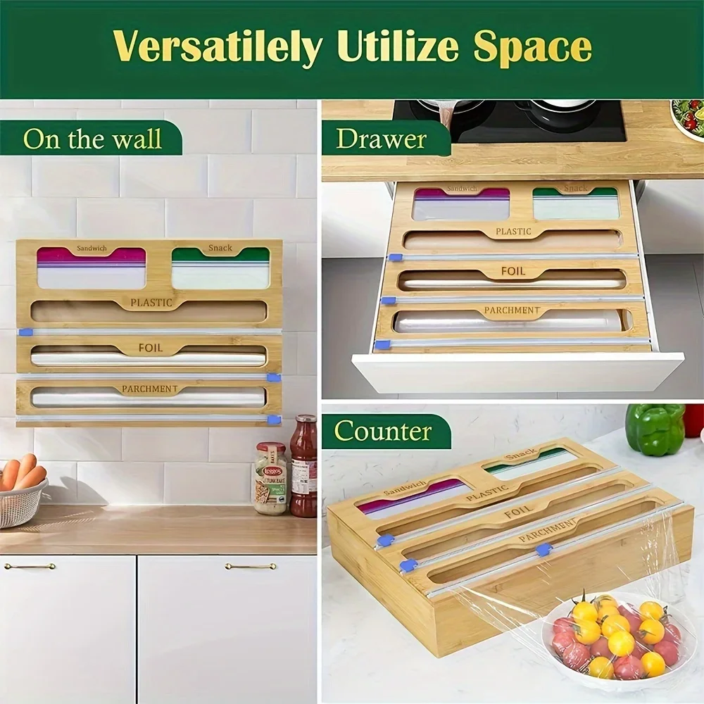 5-in-1 Plastic Wrap Organizer with Cutter and Dispenser for Kitchen Storage - Holds Aluminum Foil Plastic Film and Plastic Bags