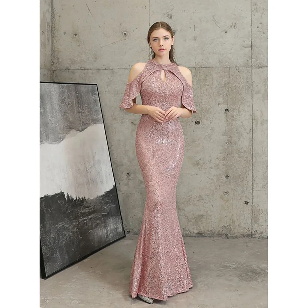 

Elegant Pink Women Prom Sequined Dresses Floor Length Trumpet Slim Fit Sexy Fashion Chic Female Evneing Party Banquet Gowns