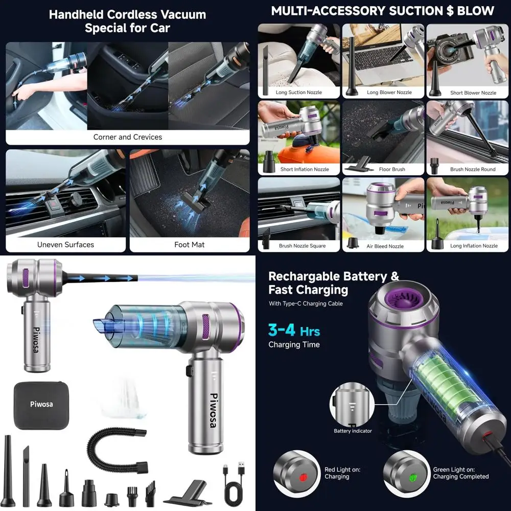 

Беспроводной ручной пылесос с бесщеточным двигателем, светодиодной подсветкой и портом Type-C для домашнего и автомобильного использования.