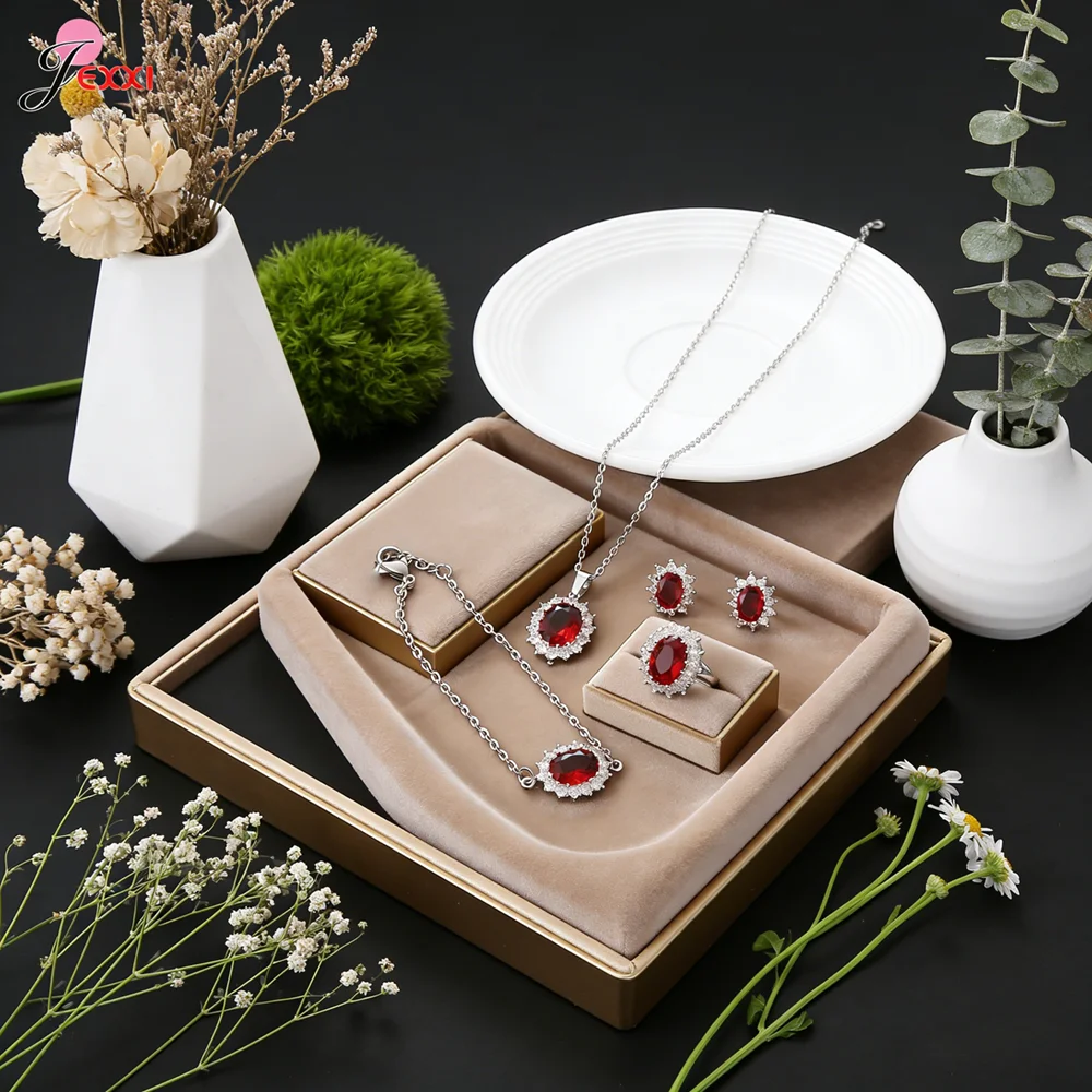 

Genuine 925 Sterling Silver Jewelry Set For Women Girls Flower Pattern Shinning Crystal Wedding Birthday Party Jewelry Accessory