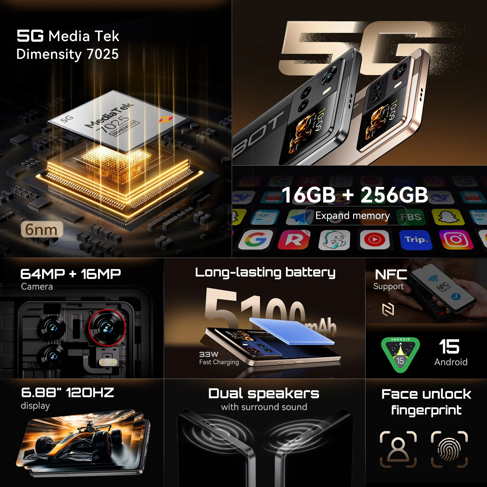 CUBOT 5G Ultra Phone X100 6,88 дюйма, 2,5 ГГц, 8 ГБ ОЗУ, 256 ГБ ПЗУ, мобильные телефоны, аккумулятор 5100 мАч, камера 64 МП, смартфон, Android 15 NFC