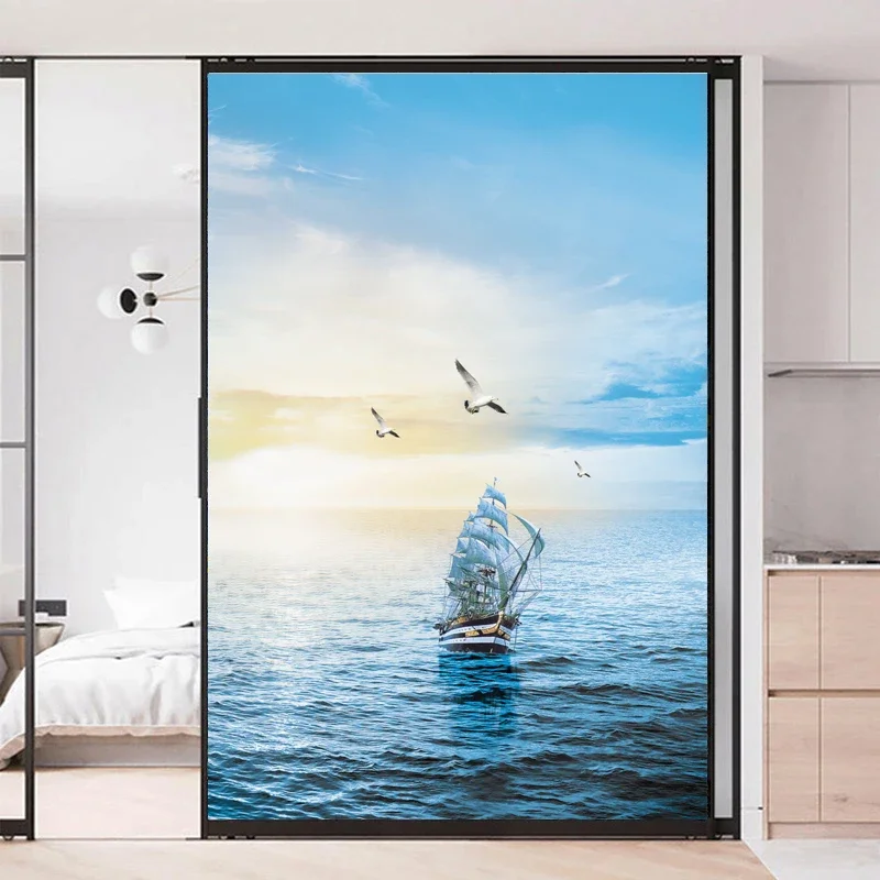 Static Cling Privacy Window Film Sea Landscape Decorative Glass Covering No-Glue 01 Frosted Window Stickers  Window Tint 05e