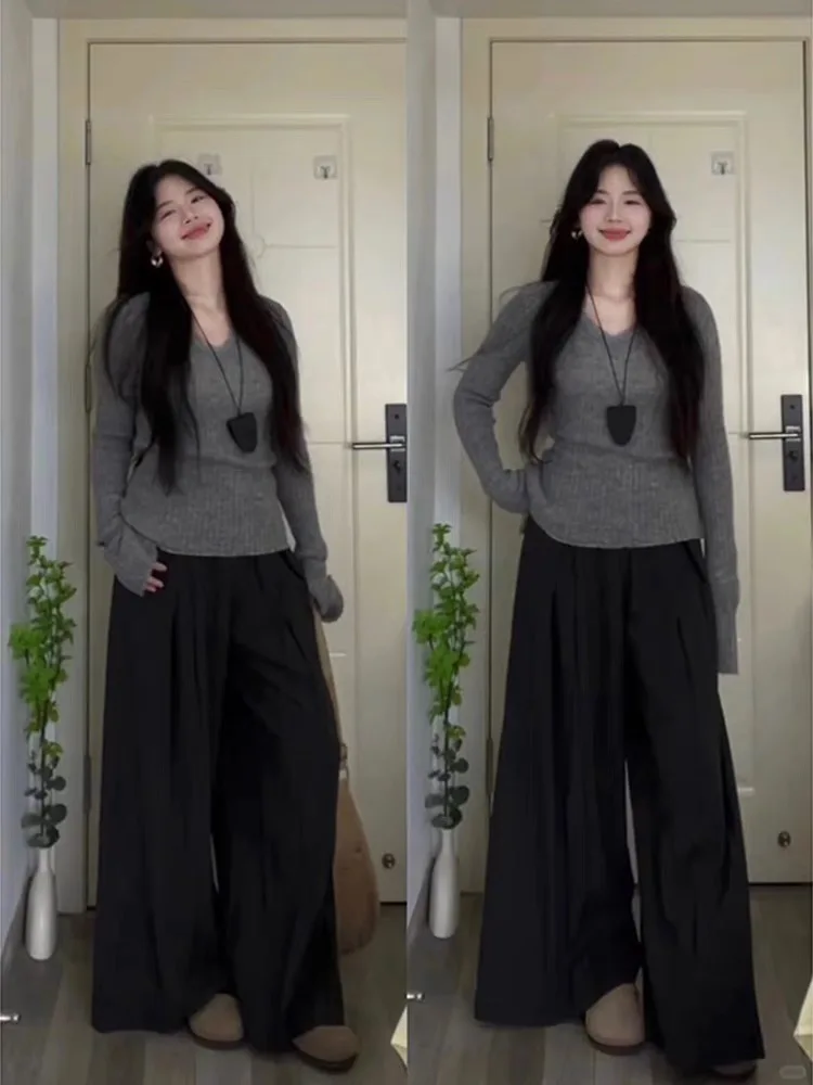 

Женский вязаный свитер большого размера с V-образным вырезом, длинными рукавами, для осени и зимы, облегающий, скрывающий живот, модный, повседневный