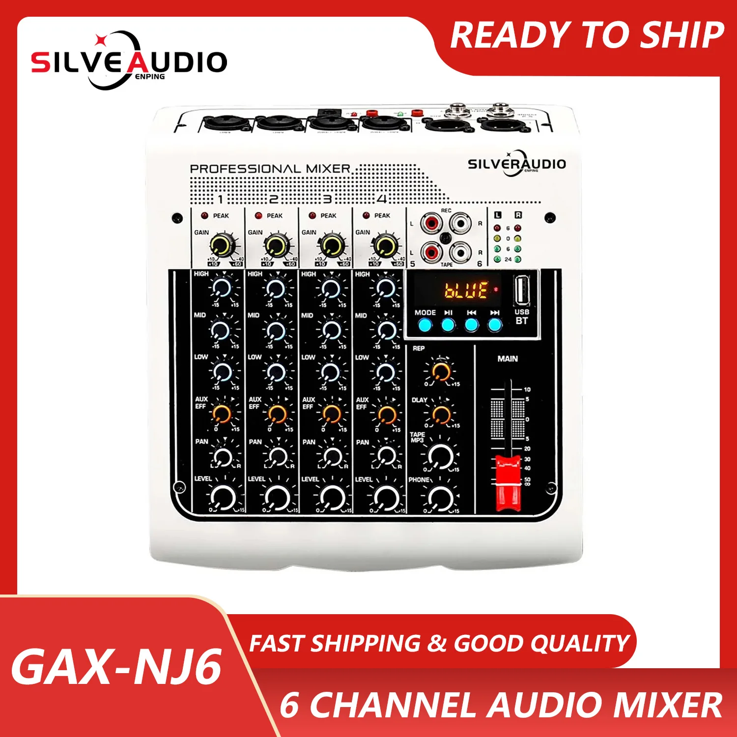 GAX-NJ6 Small 6-channel Multi-Function Mixer BT USB Internal Recording Reverberation Stage Performance Home Outdoor Mixer