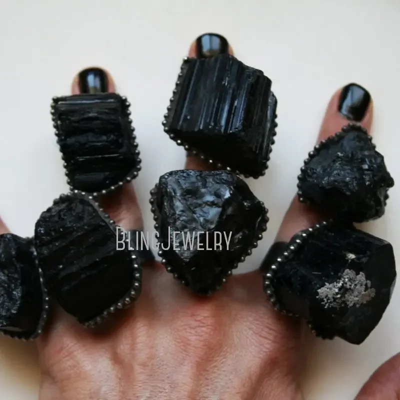 10pcs Black Tourmaline Crystal Stone Big Rough Schorl Adjustable Designed Statement Ring Goth Witch Wicca Boho Arcane Jewelry