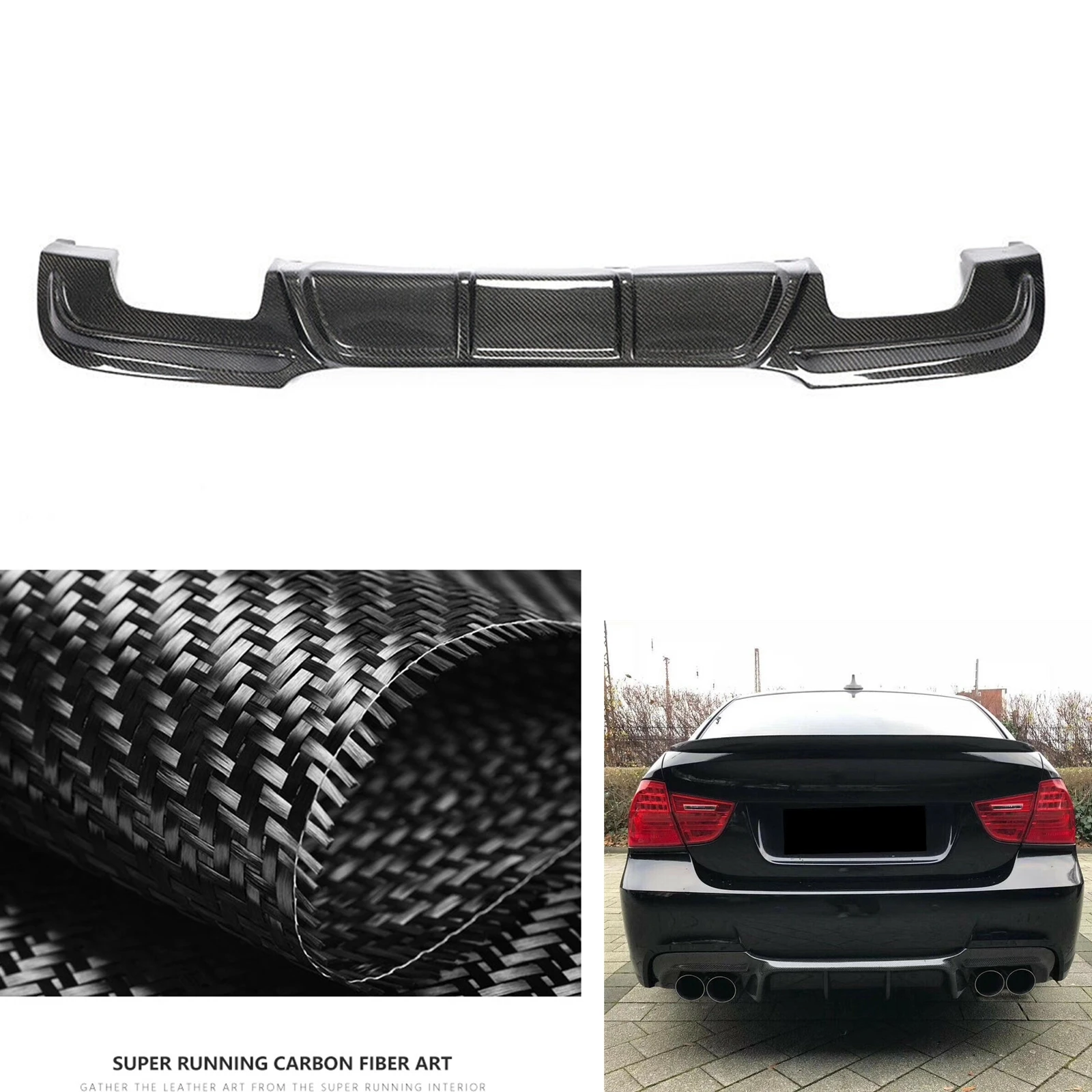 Rear Bumper Diffuser Splitter Spoiler Lip Carbon Fiber Quad Out Exhaust For BMW E90 325i 335i M Sport Modified M3 2009-2012