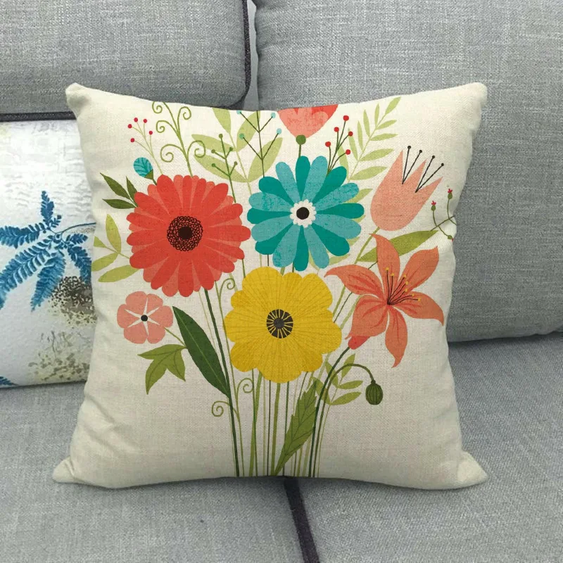 Frühlingsblume Leinen Dekokissenbezug Roter Blumenkissenbezug für Kissen Sofa Bett Gartenstuhl Kissenbezug Home Decor Zimmer 45z45