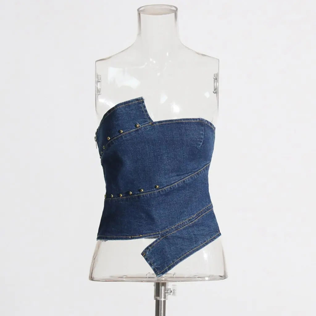 

Women's Sexy Tube Top European American Fashion Asymmetrical Slim Denim Splicing Summer Style Niche Design