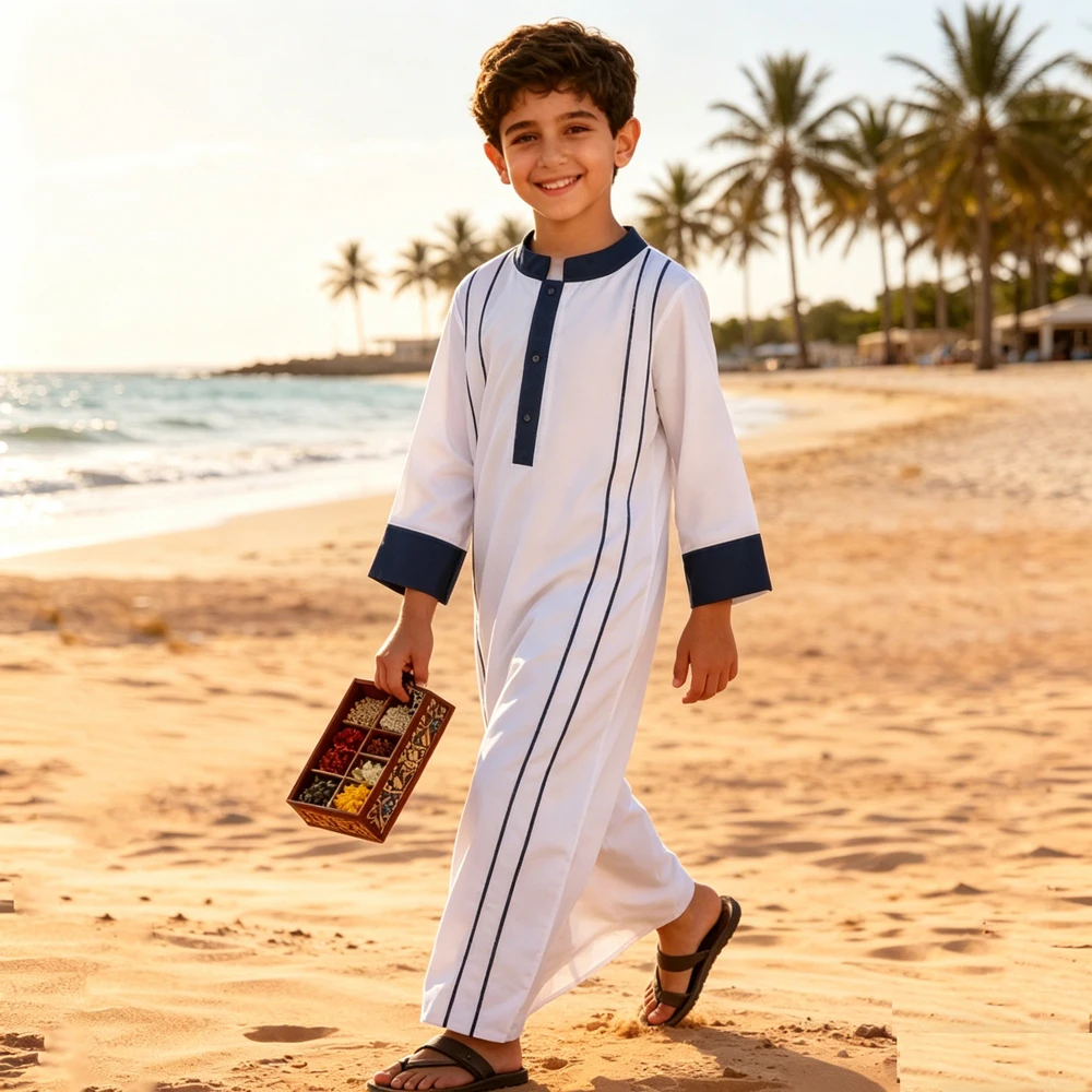 

Ramadan Ethnic Style Arab Robe For Muslim Boys Kids White Thobe Dubai Traditional Jubba Islam Modest Djellaba Prayer Clothes