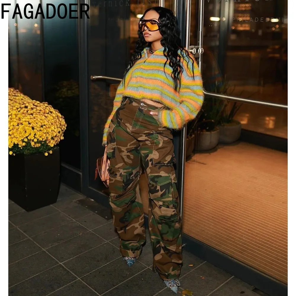 FAGADOER Autumn Casual Camouflage Printing Pocket Cargo Pants Women High Waisted Button Straight Trousers Female Sporty Bottoms