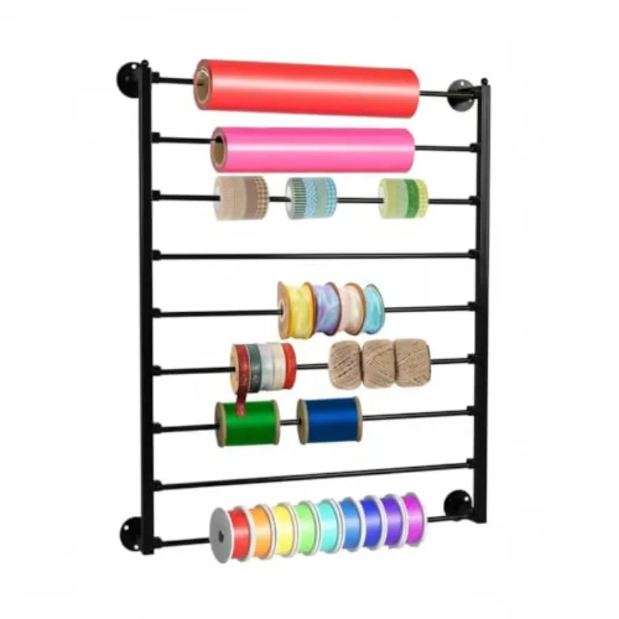 

9 Tier Ribbon Storage Organizer Wall Mounted Ribbon Holder for Craft Room Cake Shop Flower Store Scarf Belt Organizer - Black