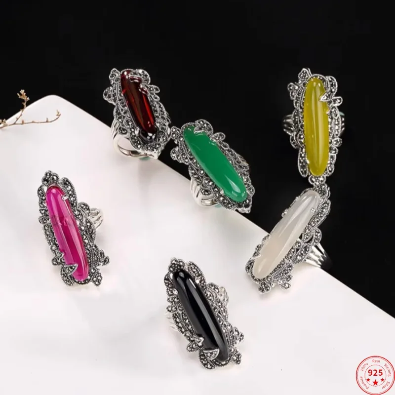 

S925 Sterling Silver Rings For Women Garnet Corundum Chalcedony Exaggeration Personality Opening Female Thai Silver Rings