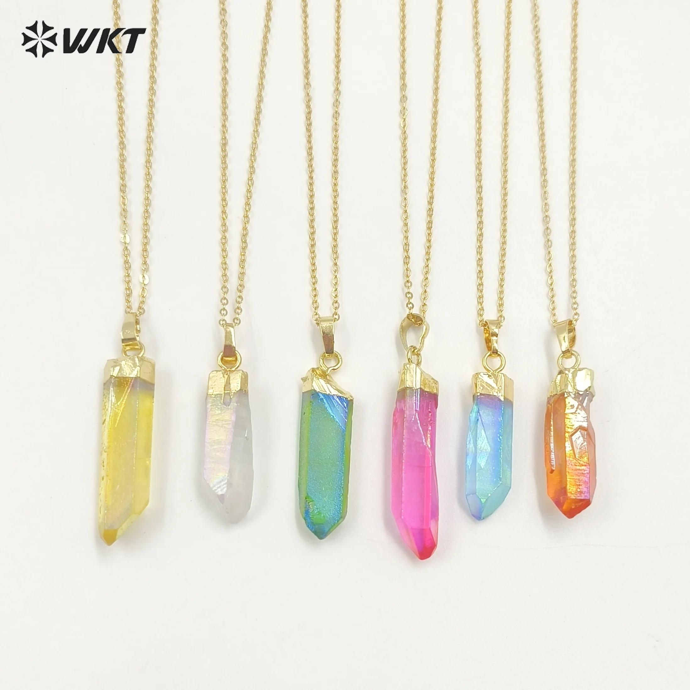 WT-N495 Wholesale Fashion Aura crystal quartz point necklace hot Aura crystal necklace pink stone blue stone necklace Jewelry
