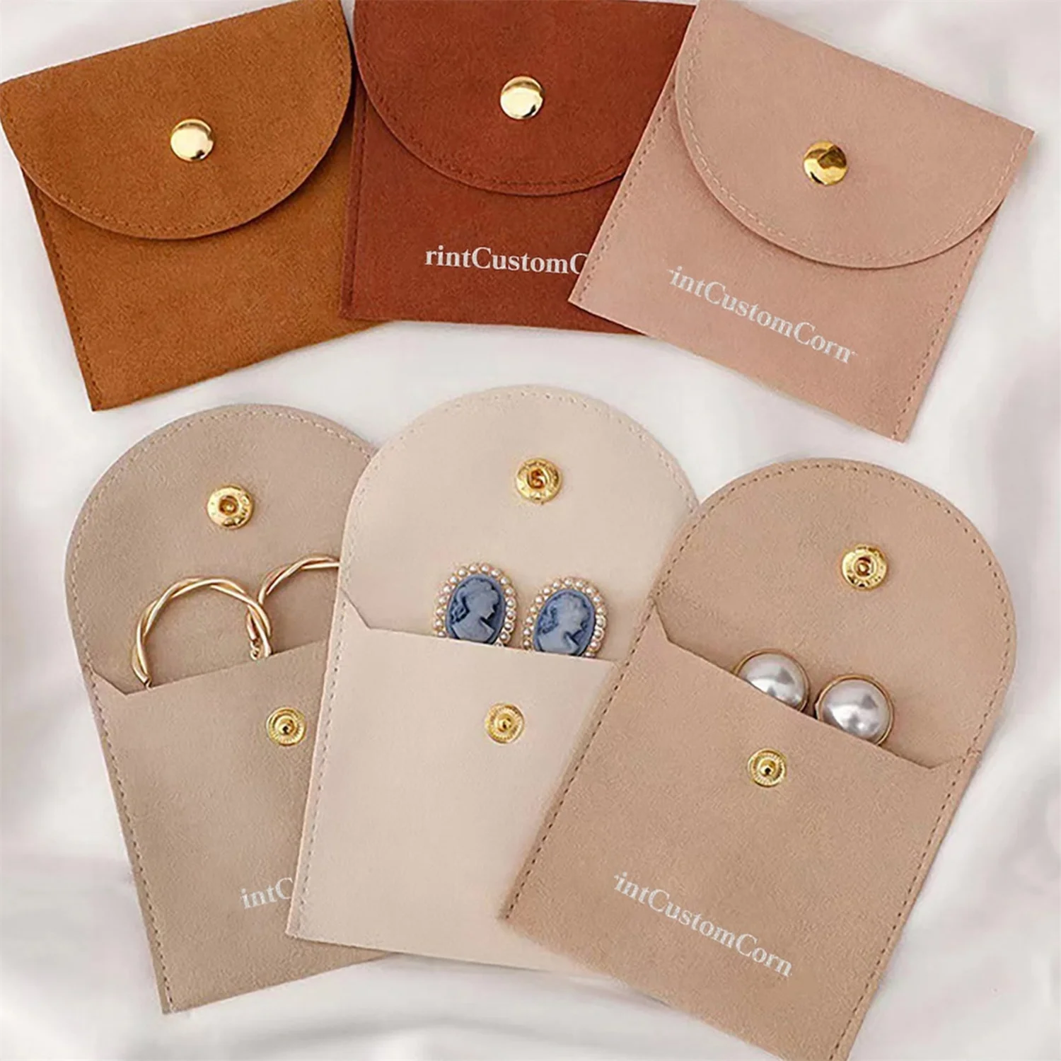 

50 PCS Personalized Jewelry Bag with Gold Snap Button, Custom Logo Necklace Travel Pouch, Multi-color Microfiber Bags for Bracel