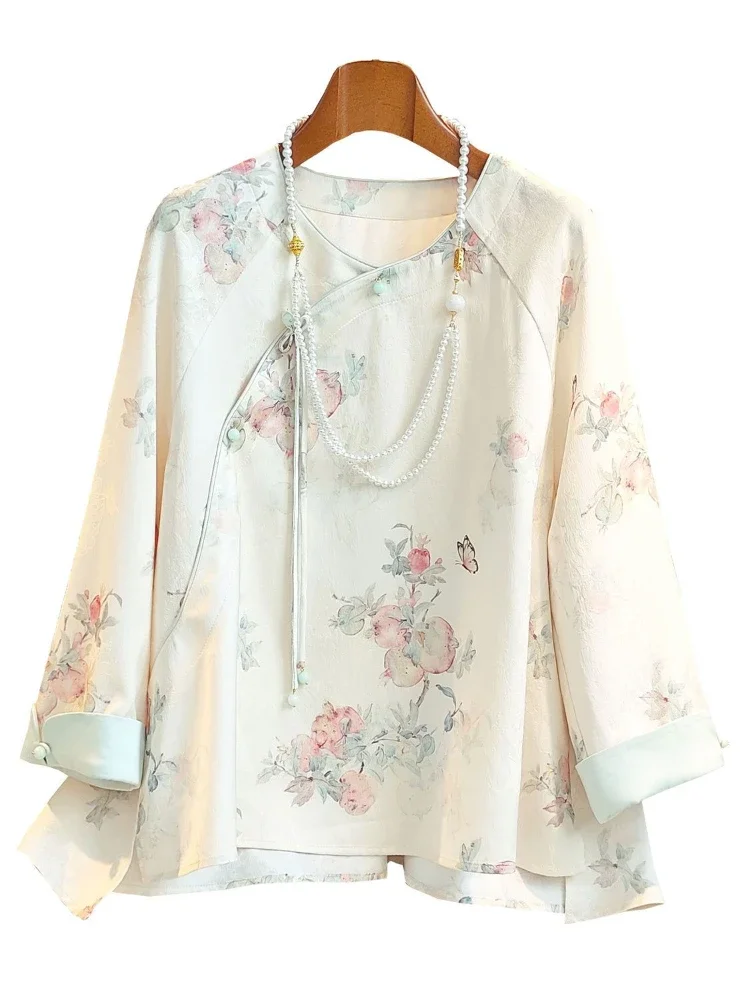 Chiffon Chinese Style Women Blouses Summer Printed Women\'s Shirts O-necks 2024 Clothing Sales Loose Long Sleeve Flower Tops