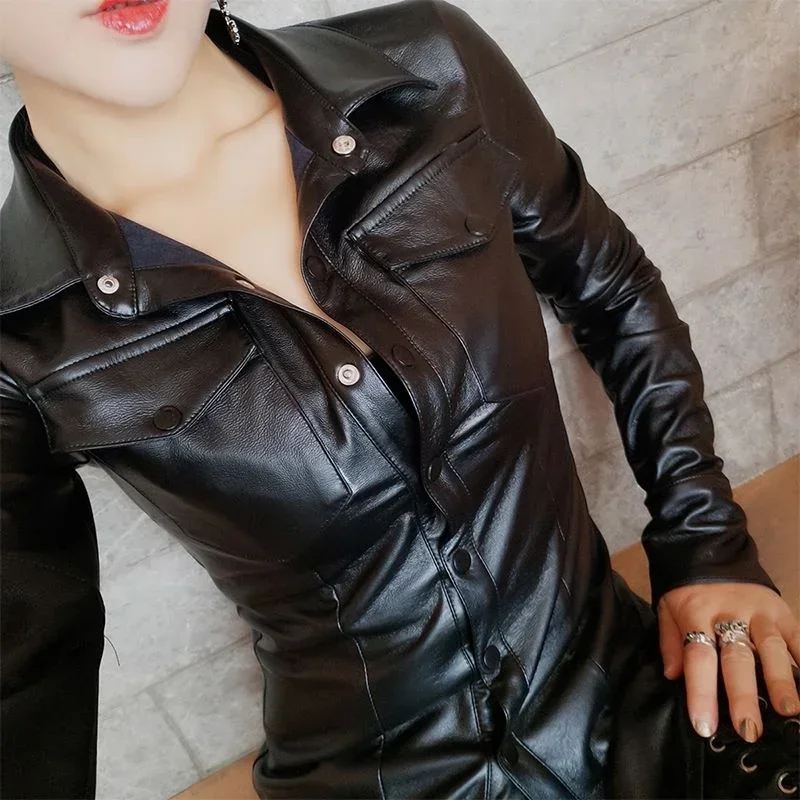 S-4XL Women Faux Leather Shirt Long Sleeve Ladies Plus Velvet Blouses Women Streetwear Motorcycle Leather Shirts Black Tops C367