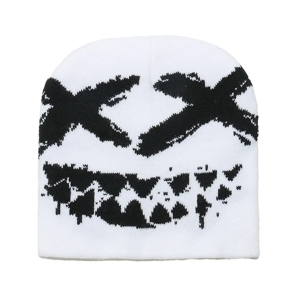 Fashion Elastic Y2K Knitted Hat Halloween Streetwear Black White Pullover Cap Korean Style Hip-hop Jacquard Woolen Hat Couple