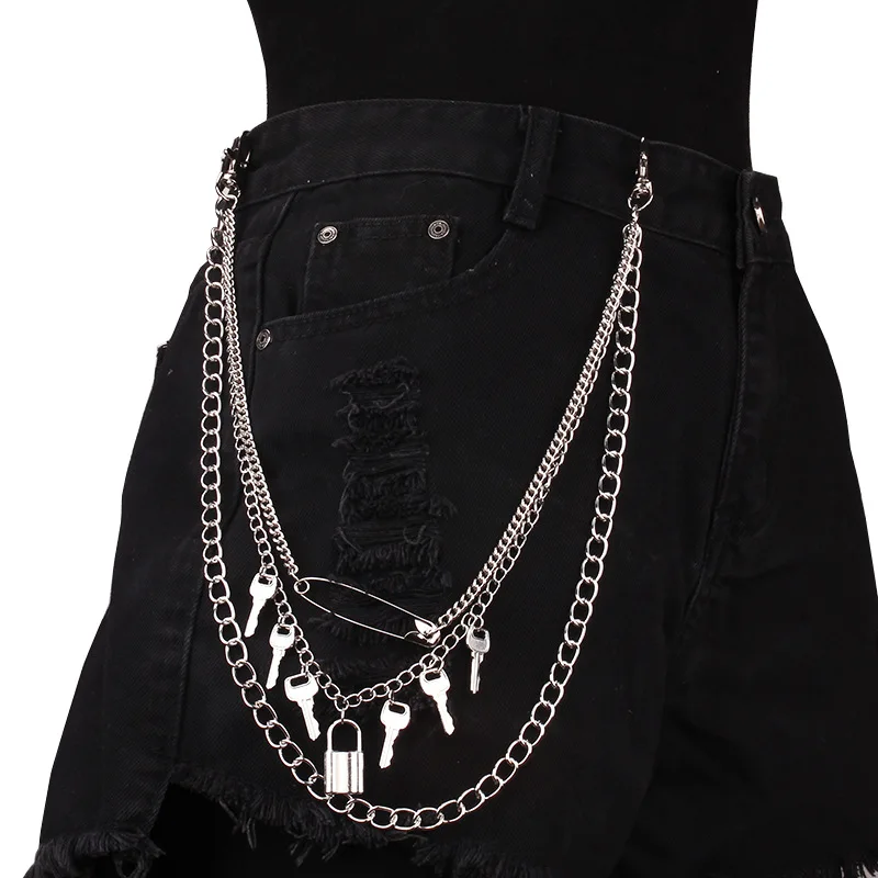 Gothic Street Double Layer Pants Chain,Silver Stainless Steel Padlock key Jean Chain,  Sword Charm Punk Wallet Chain