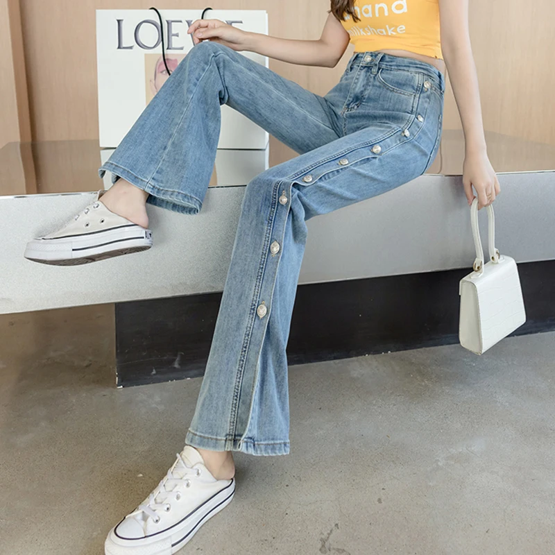 Women Vintage Pocket Long Oversized Denim Pants 2023 Sexy Heavy Industry Wide Leg Summer Thin Side Open Button Jeans Streetwear