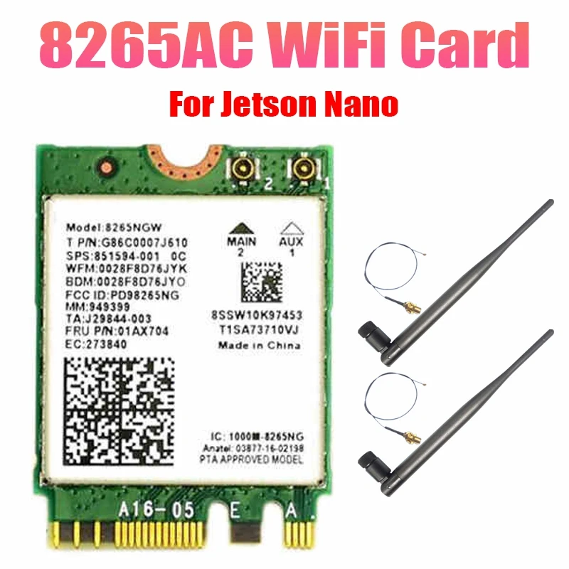 Carte Wifi RISE-AC8265 + adaptateur réseau d'antenne 6DB pour Jetson Character300 Mbps + 867Mbps 2.4 mesurz 5 mesurz touristes Band NGFF BTéclairé Tech